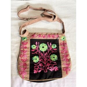 Bohemian Floral Shoulder Bag Embroidery Pink/Brown Faux Suede Zip Many Pockets